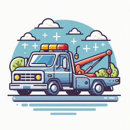 Vector illustration of tow truck in flat style on white background with clouds.のイラスト素材