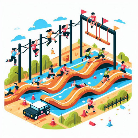 Water park isometric composition with people running on water slides vector illustrationのイラスト素材