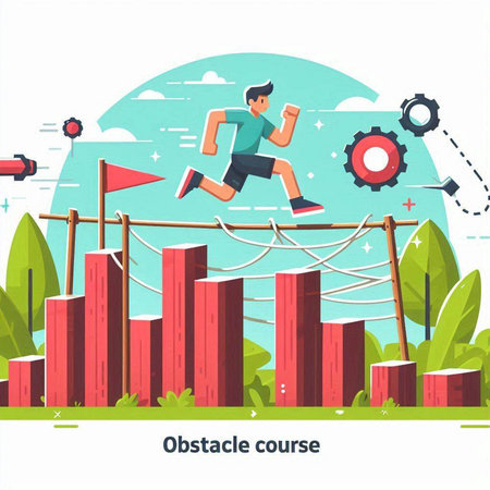 Vector illustration of people running on the obstacle course. Flat style design.のイラスト素材