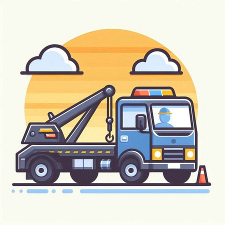 Vector illustration of a tow truck with a driver on the road.のイラスト素材