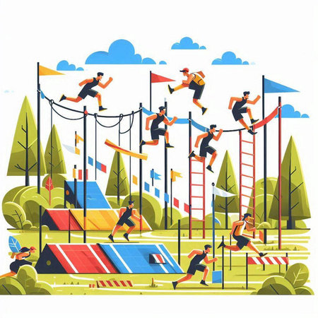 Athletes at obstacle course flat vector illustration. Men and women running on parallel bars.のイラスト素材
