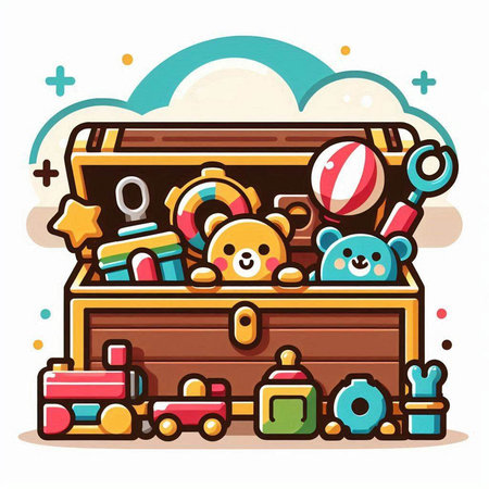 Wooden chest full of toys. Vector illustration in cartoon style.のイラスト素材
