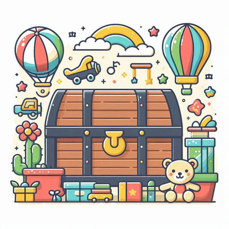 Colorful vector illustration of a treasure chest with toys and items.のイラスト素材