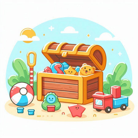 Wooden treasure chest with toys. Vector illustration in cartoon style.のイラスト素材