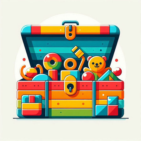 Treasure chest full of toys. Vector illustration in cartoon style.のイラスト素材