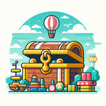 Vector illustration of a cartoon wooden chest with toys on the background of the sky.のイラスト素材