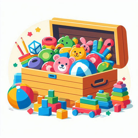 Wooden box with toys for children. Vector illustration in cartoon style.のイラスト素材