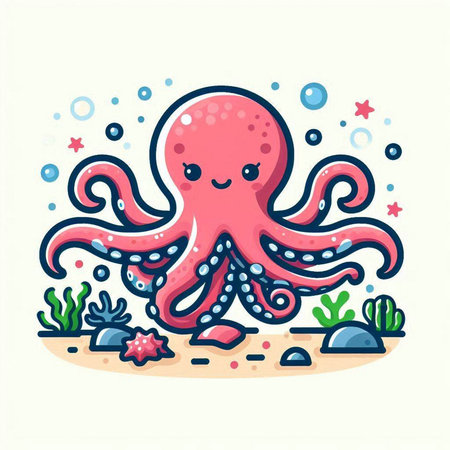 Cute cartoon octopus on the seashore. Vector illustration.のイラスト素材