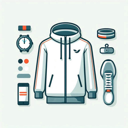 Hoodie, sportswear, sneakers, watch, mobile phone. Vector illustration.のイラスト素材