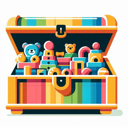 Wooden box with toys. Vector illustration in flat cartoon style.のイラスト素材