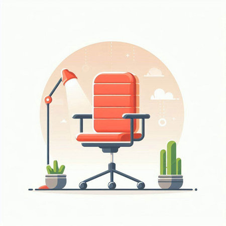 Office chair with lamp and plant. Vector illustration in flat style.のイラスト素材