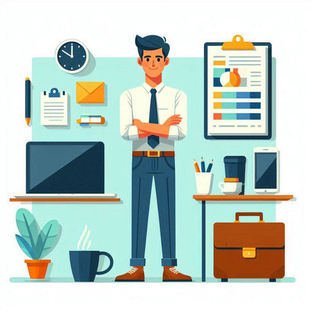 Businessman in office flat vector illustration. Male character in formal wear standing in front of desk with laptop, cup of coffee and stationery.のイラスト素材