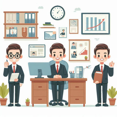 Businessman working in the office. Vector illustration in cartoon style.のイラスト素材