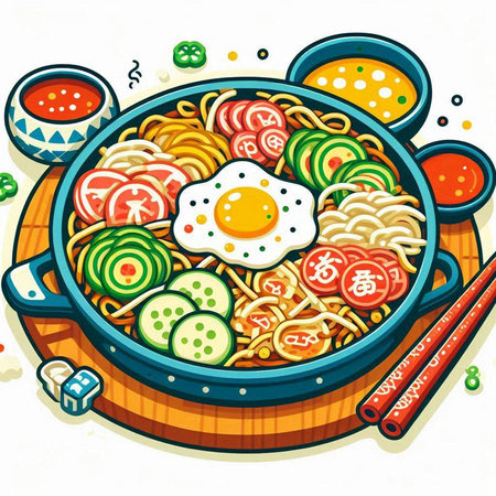 Cartoon Illustration of Noodle with Fried Egg and Vegetablesのイラスト素材