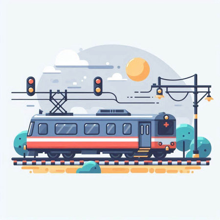 Locomotive on railroad track. Vector illustration in flat style.のイラスト素材