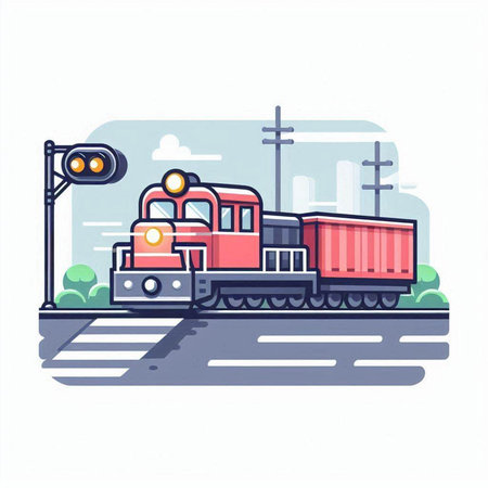 Train on the road. Vector illustration in a flat style on a white background.のイラスト素材