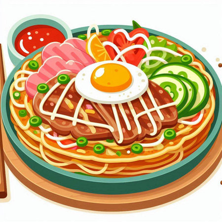 Illustration of a plate of japanese noodle with meat and fried eggのイラスト素材