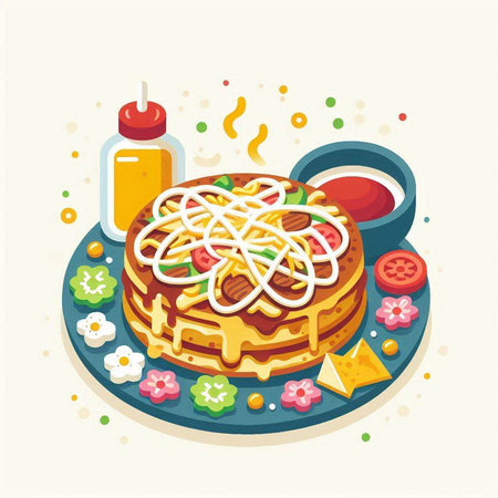 Illustration of a piece of cake on a plate with sauce and ketchupのイラスト素材