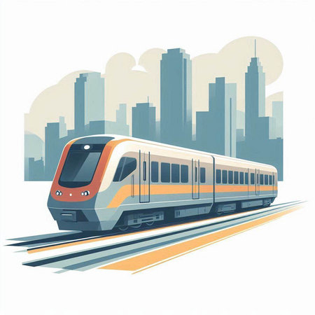 Modern high-speed train on the background of the city. Vector illustrationのイラスト素材
