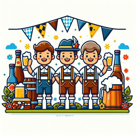 bavarian men with beer, oktoberfest vector illustrationのイラスト素材