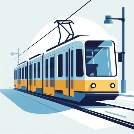 Modern tram in the city. Vector illustration. Eps 10. Global colors.のイラスト素材