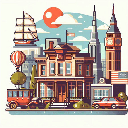 London city. Vector illustration in flat style. Cityscape with buildings and landmarks.のイラスト素材