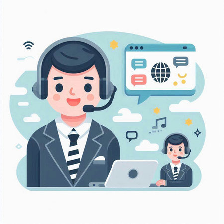 Call center operator with headset and laptop. Flat style vector illustration.のイラスト素材