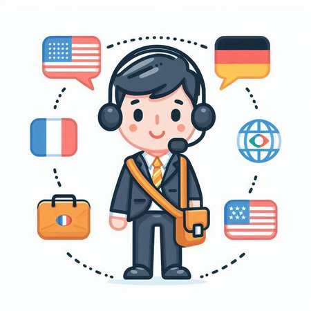 Businessman wearing headset and holding a briefcase. Vector illustration.のイラスト素材