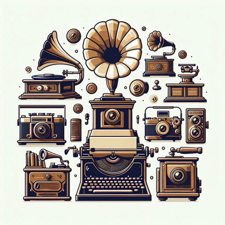 Vector illustration of a retro typewriter with gramophone, gramophone, record player.のイラスト素材