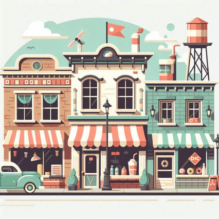 Illustration of a small town with shops and restaurants. Vector illustration.のイラスト素材