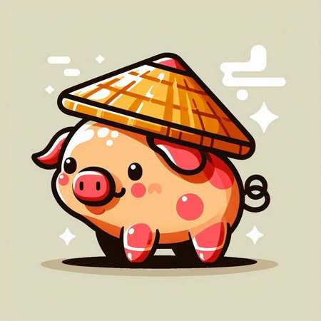 Illustration of cute little pig with rice hat. Vector illustration.のイラスト素材
