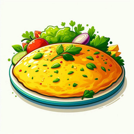 Illustration of a round omelette with vegetables on a white backgroundのイラスト素材
