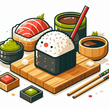 Sushi and rolls on wooden board with chopsticks. Vector illustration.のイラスト素材