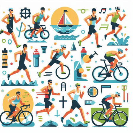 Cycling sport flat icons set with people running on road isolated vector illustrationのイラスト素材