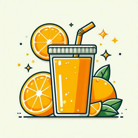 Orange juice in a glass with a straw and slices of orange. Vector illustration.のイラスト素材