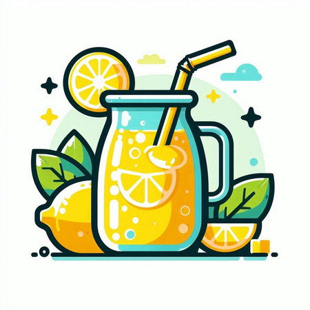 Vector illustration of a lemonade in a glass jar with a straw and a slice of lemon.のイラスト素材