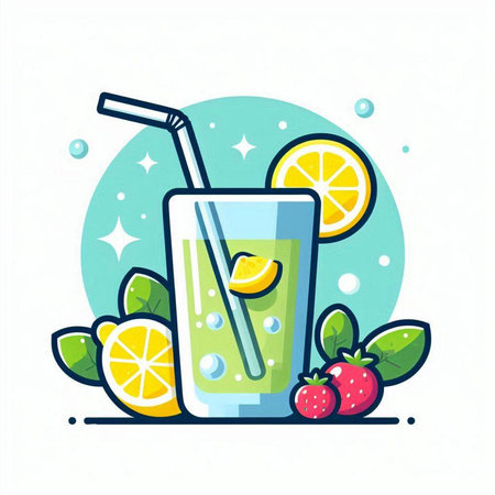 Cocktail with lemon, strawberry and mint. Vector illustration.のイラスト素材