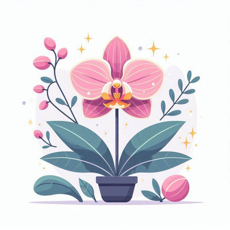 Orchid flowers in a pot. Vector illustration in flat style.のイラスト素材