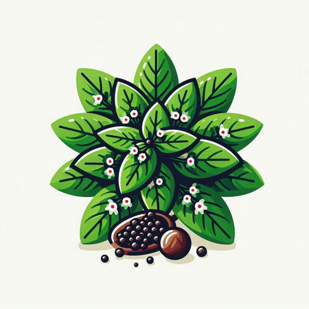 Coffee plant with flowers and coffee beans. Vector illustration.のイラスト素材