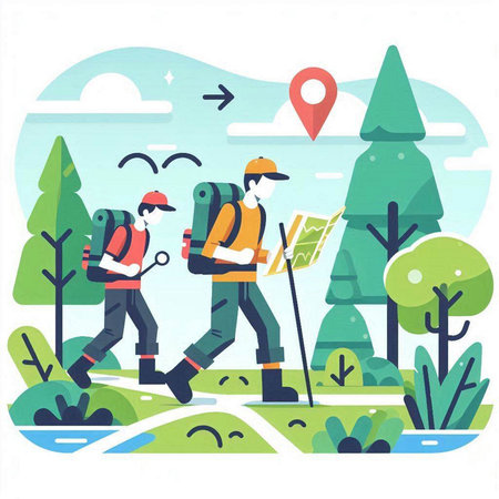 Tourist man with backpack and map. Vector illustration in flat styleのイラスト素材