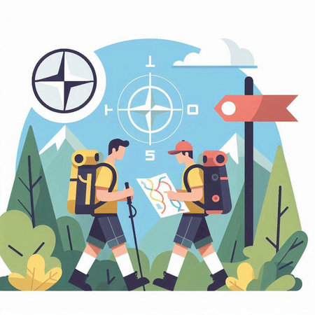 Hiking vector illustration. Man and woman with map and compass.のイラスト素材