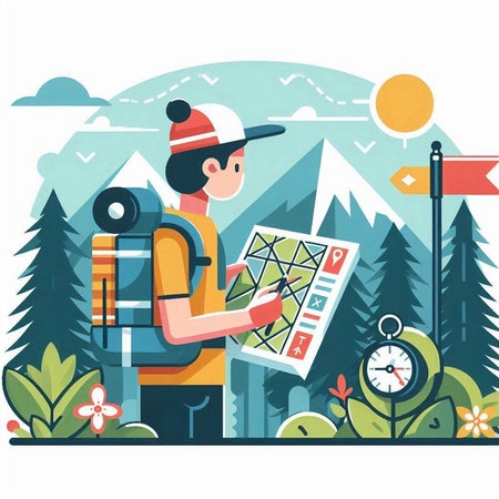 Tourist with map and compass in the mountains. Vector illustration.のイラスト素材