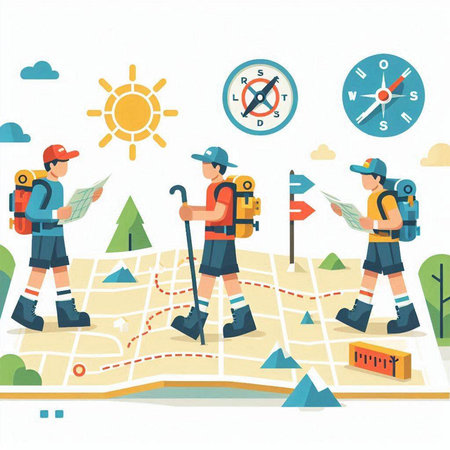 Tourist trip vector illustration. Man with backpack and compass on map.のイラスト素材