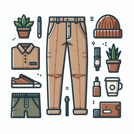 Vector illustration of men's clothing and accessories. Outline icons of men's clothing.のイラスト素材