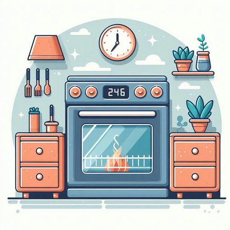 Kitchen interior with stove and oven. Flat style vector illustration.のイラスト素材