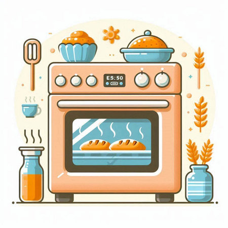 Kitchen stove with oven, cupcakes, croissants and milk. Vector illustration.のイラスト素材
