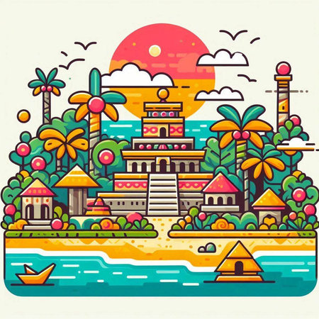 Tropical island with palm trees and buildings. Vector illustration.のイラスト素材