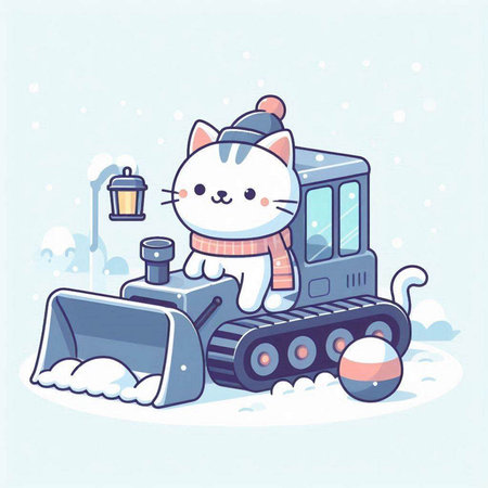 Cute cartoon cat with snow plow and lantern. Vector illustration.のイラスト素材