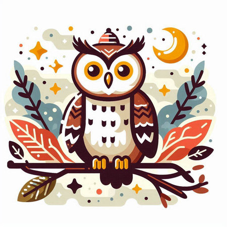Cute cartoon owl sitting on a branch with moon and stars. Vector illustration.のイラスト素材