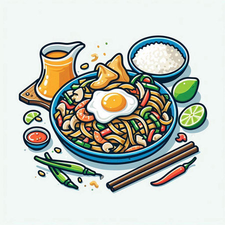 Illustration of a bowl of asian noodle with fried egg, shrimps and vegetablesのイラスト素材
